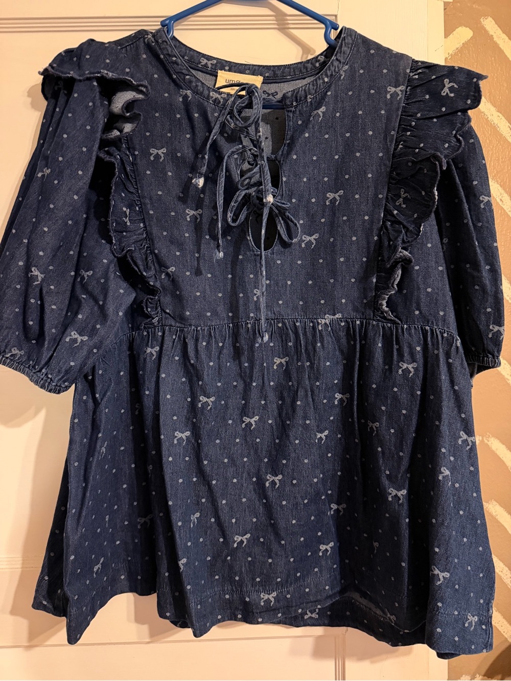 Umgee Navy Blue Ruffle Tie-Front Peasant Top